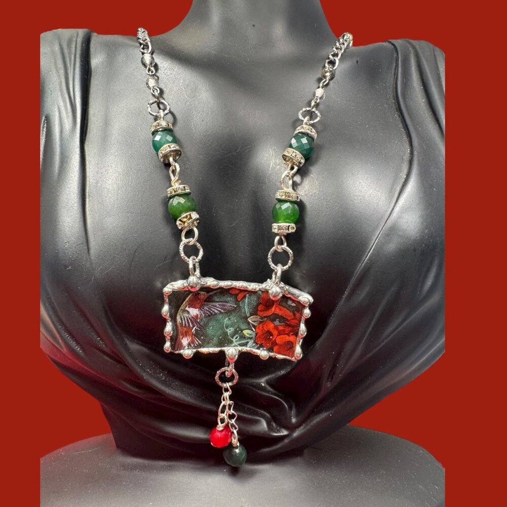 Lena Liu Hummingbird Broken China Pendant  Bezel Red & Green Quartz Necklace